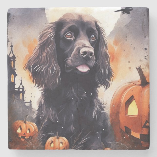 Porta-copo De Pedra Halloween Cocker Spaniel Com Pumpkins (Frente)