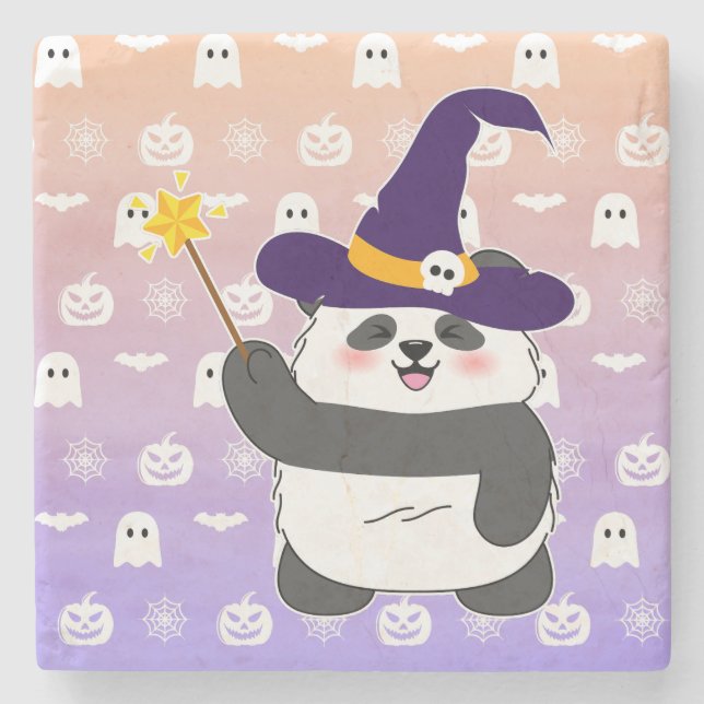 Porta-copo De Pedra Halloween Cute Baby Panda Witic Wand (Frente)