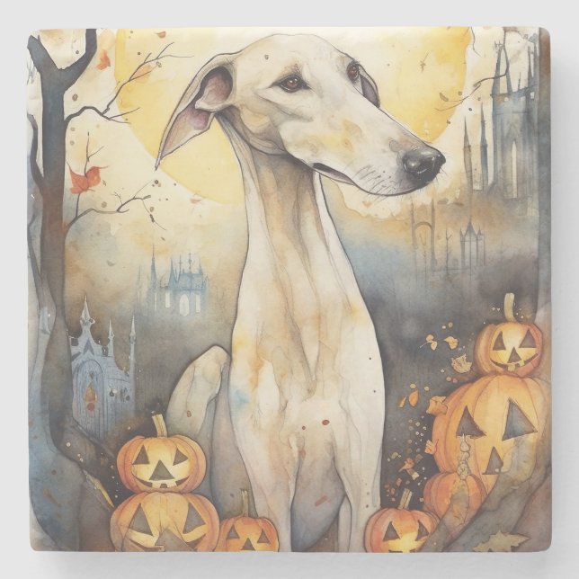 Porta-copo De Pedra Halloween Greyhound Com Pumpkins Assustado (Frente)