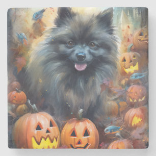 Porta-copo De Pedra Halloween Keeshond Com Pumpkins Assustado
