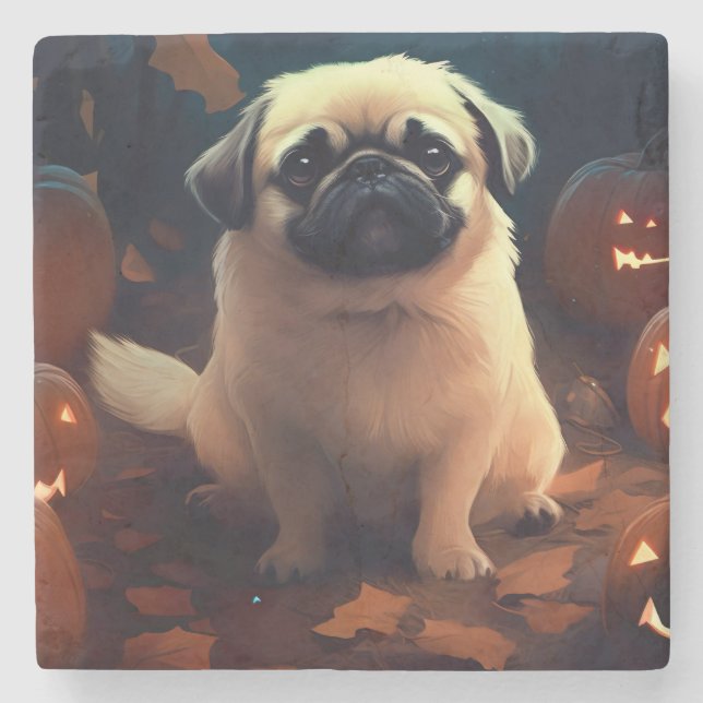 Porta-copo De Pedra Halloween Pekingese Com Pumpkins Assustado (Frente)