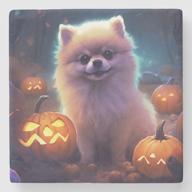 Porta-copo De Pedra Halloween Pomeranian Com Pumpkins Assustado (Frente)