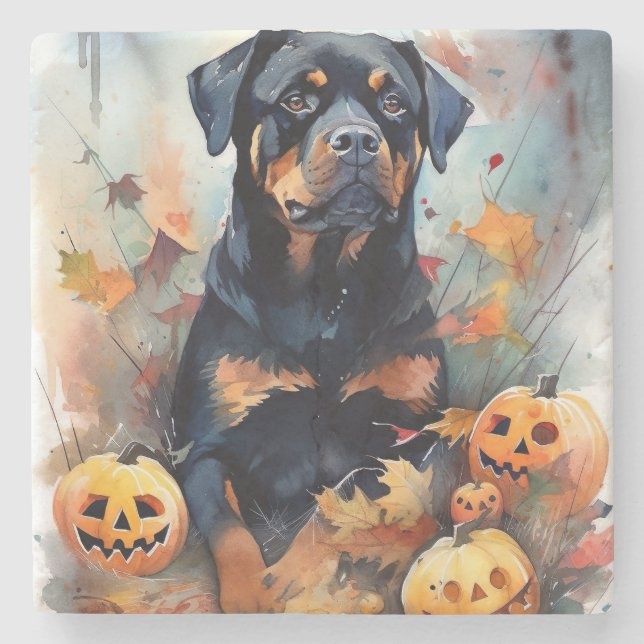 Porta-copo De Pedra Halloween Rottweiler Com Pumpkins Assustado (Frente)