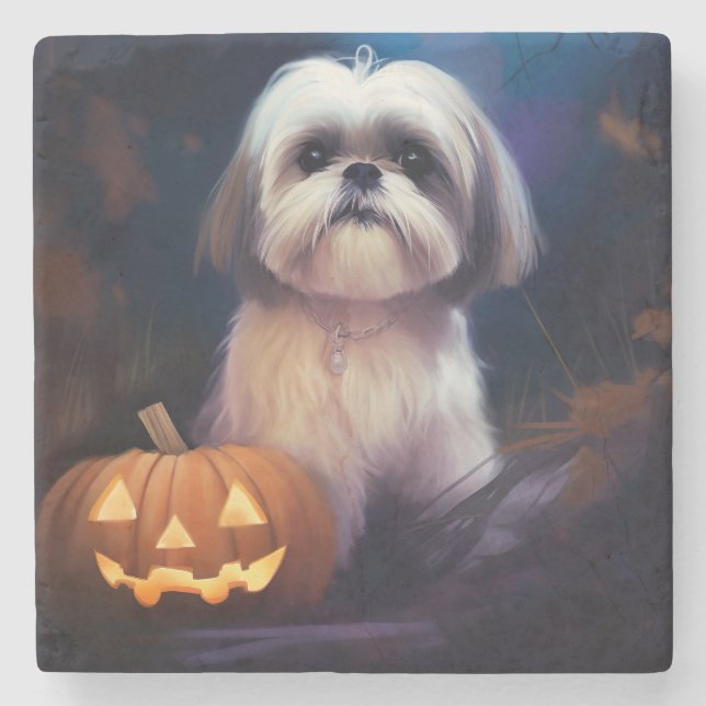 Porta-copo De Pedra Halloween Shih Tzu Com Pumpkins Assustado (Frente)