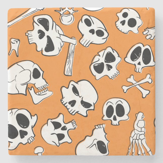 Porta-copo De Pedra Halloween Skulls Bones Doodle Patterno (Frente)