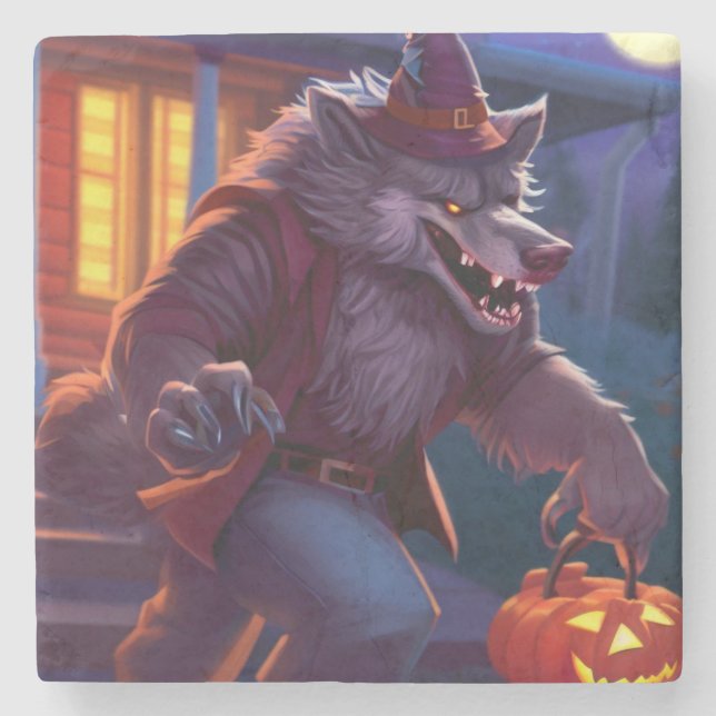 Porta-copo De Pedra Halloween/werewolf/outono/outono (Frente)
