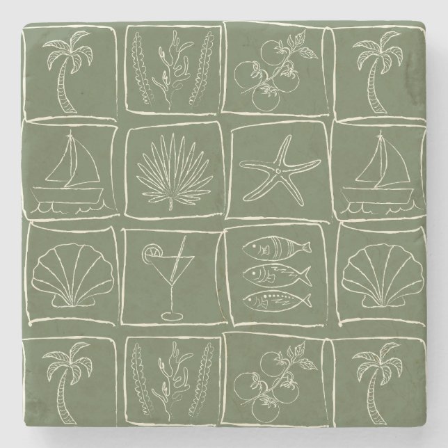 Porta-copo De Pedra Hand-Drawn Mediterranean Faux Tile Olive Grove (Frente)