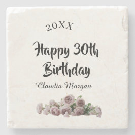 Porta-copo De Pedra Happy 30th birthday pink white mauve floral name y