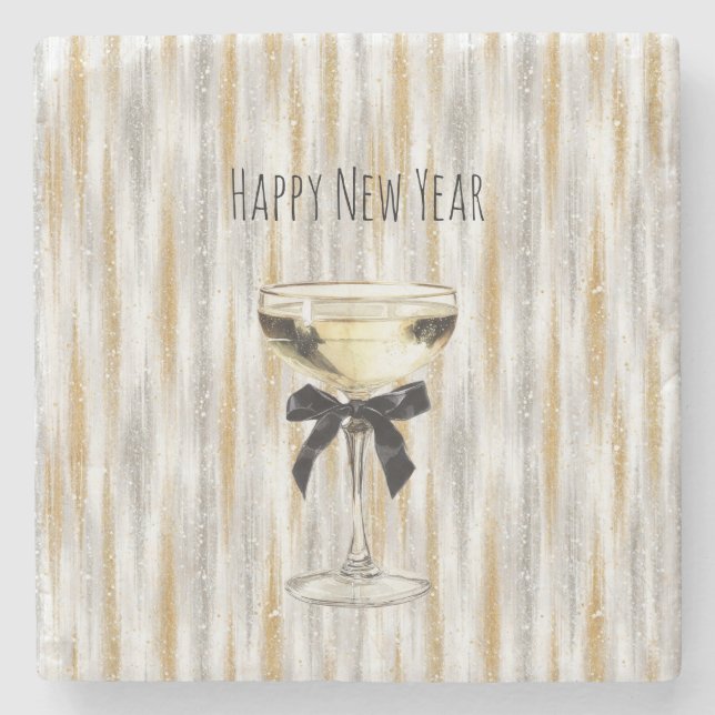 Porta-copo De Pedra Happy New Year Black Bow Gold Silver Champagne (Frente)