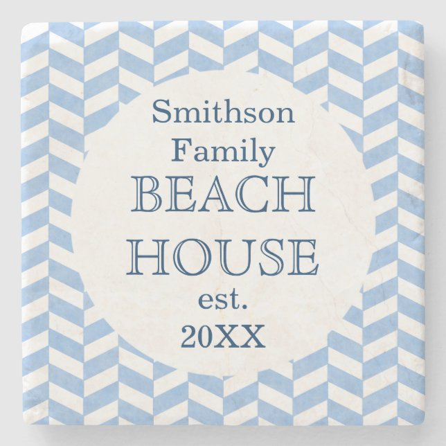 Porta-copo De Pedra Herringbone Blue Beach House Personalizado (Frente)