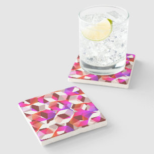 Porta-copo De Pedra Hexágonos brancos, vermelhos a rosa sobre fundo ve