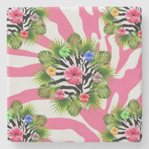 Porta-copo De Pedra hibisco tropical e tiras de zebra rosa exótica