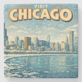 Porta-copo De Pedra Horizonte de Chicago e Lago Michigan no inverno