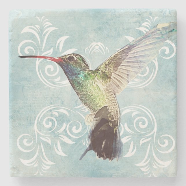 Porta-copo De Pedra Hummingbird com fundo florescente (Frente)