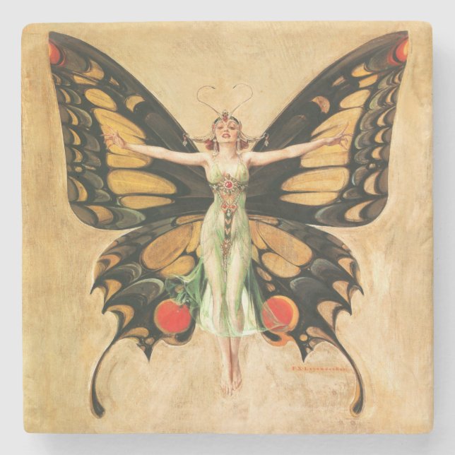 Porta-copo De Pedra Ilustração da Mulher Borboleta Flapper por Leyende (Frente)