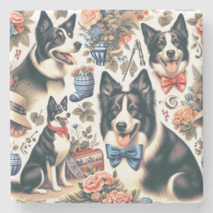 Porta-copo De Pedra Ilustração de Collie de Borda de Vintagem de Corte