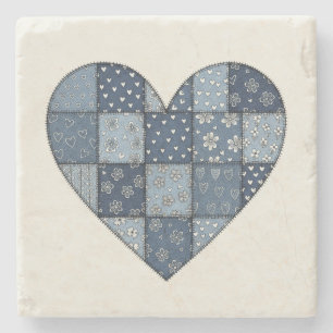 Porta-copo De Pedra Ilustração de Coração de Remendo de Denim Azul Rús
