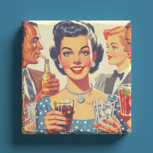 Porta-copo De Pedra Ilustração de Pessoas de Bebidas Vintage 1950s