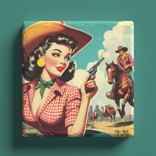 Porta-copo De Pedra Ilustração de Vintage Pulp Cowgirl