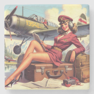 Porta-copo De Pedra Ilustração Pin-Up do Avião Vintage