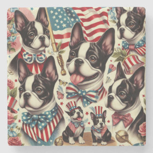 Porta-copo De Pedra Ilustração Sem Costura de Boston Terrier Vintage