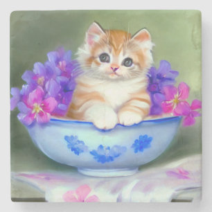 Porta-copo De Pedra Ilustração Vintage Laranja e White Kitten