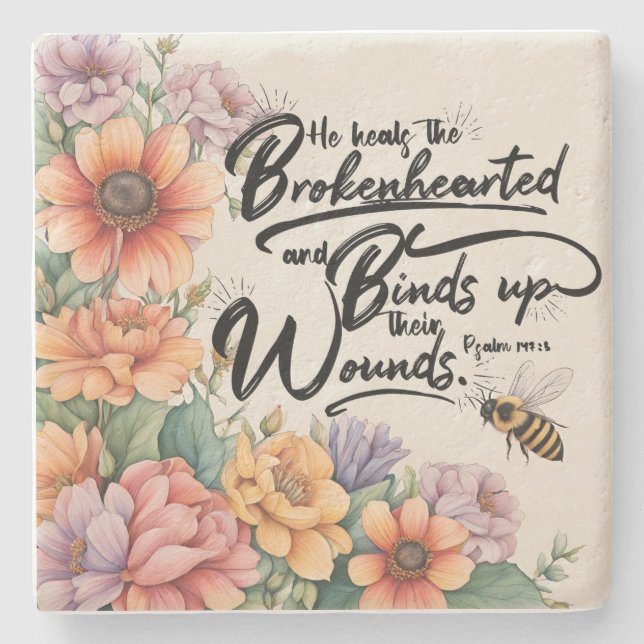 Porta-copo De Pedra Imagem Versa Da Bíblia Cristã Psalms 147:3 (Frente)