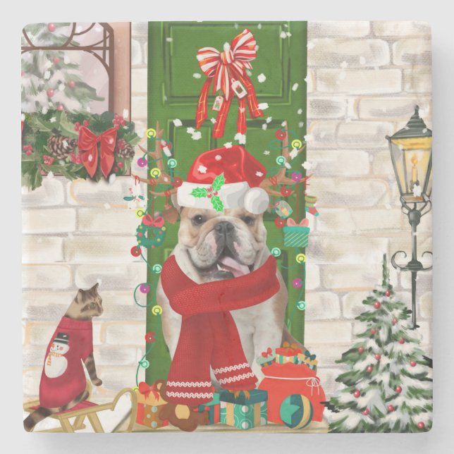 Porta-copo De Pedra Inglês Buldogue Christmas (Frente)