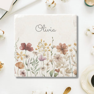 Porta-copo De Pedra Jardim de Flores Silvestres em Aquarela Bonito