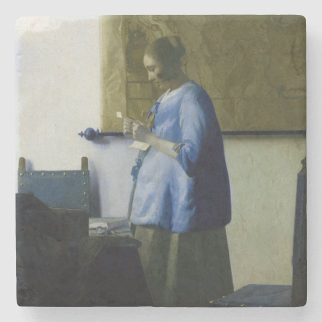Porta-copo De Pedra Johannes Vermeer - Mulher a azul lendo uma letra (Frente)