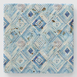 Porta-copo De Pedra Joia azul branca com batik quadrado