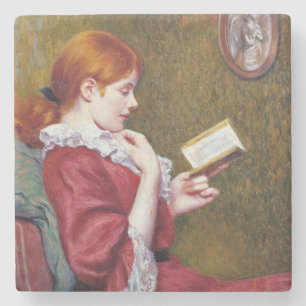 Porta-copo De Pedra Jovem com cabelo vermelho lendo um bom livro