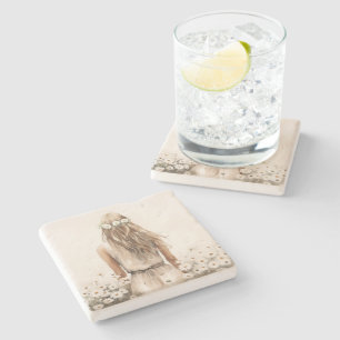 Porta-copo De Pedra Jovem Mulher Aquarela Em Daisy Field