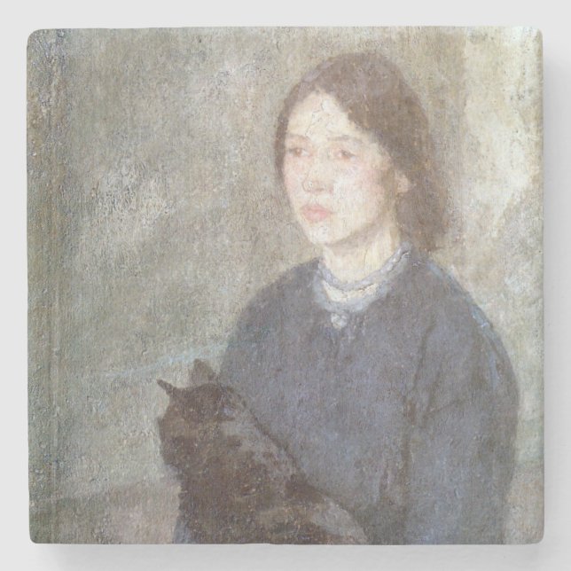 Porta-copo De Pedra Jovem Segurando um Gato Negro (por Gwen John) (Frente)