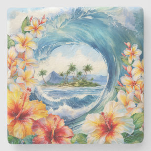 Porta-copo De Pedra Kai Aloha Hibiscus Aquarela Onda 