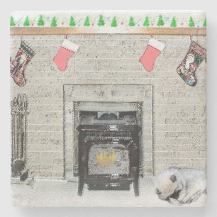 Porta-copo De Pedra Keeshond Christmas Puppy Dog by Lareira Painting