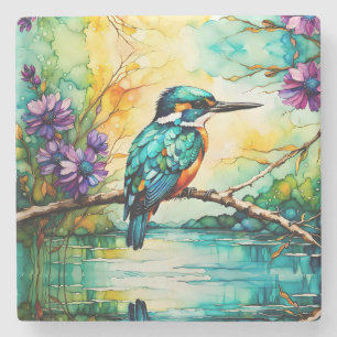 Porta-copo De Pedra Kingfisher perraçado sobre a água Flores selvagens