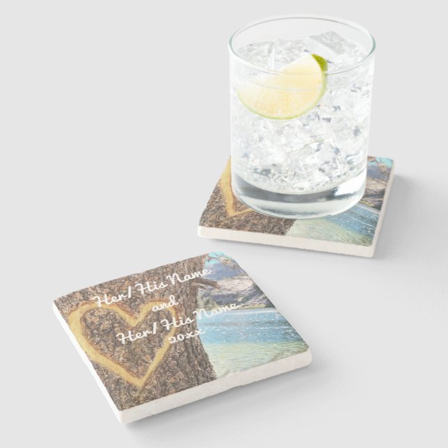 Porta-copo De Pedra Lago Tahoe Blue Water Tree Heart Love (Lateral)