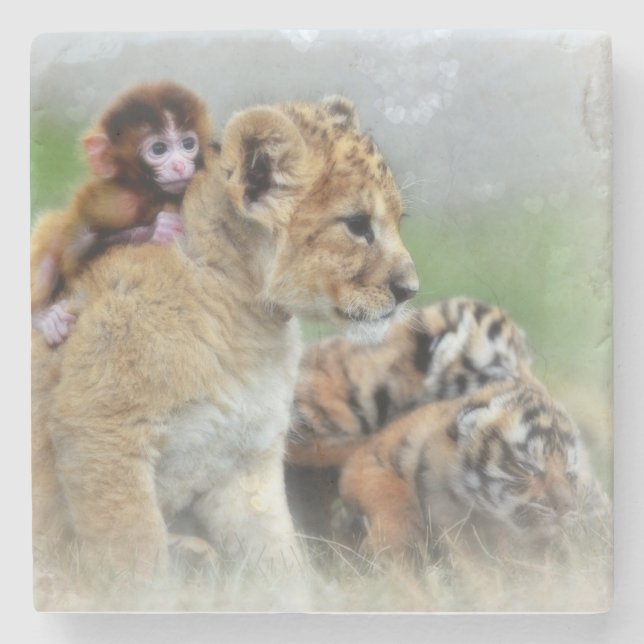 Porta-copo De Pedra Leões, Tigre e Macaco (Frente)