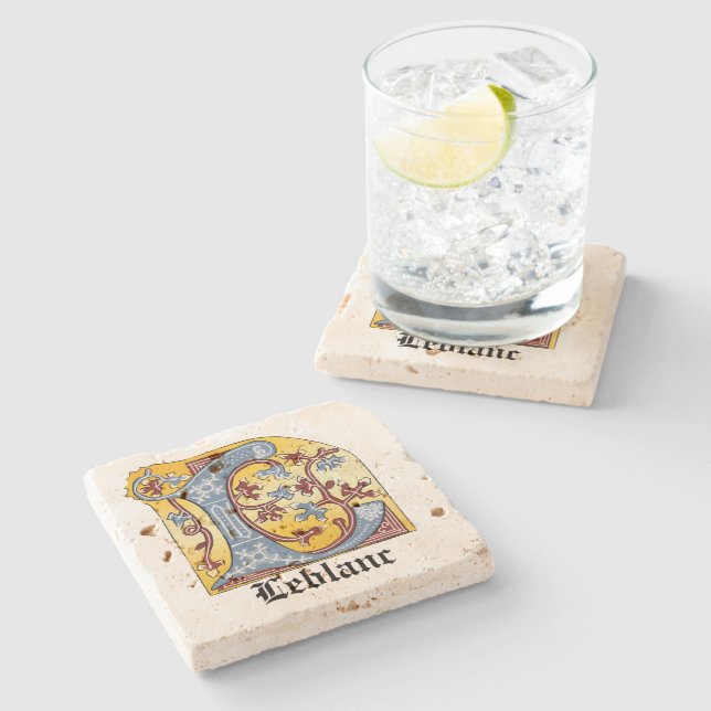 Porta-copo De Pedra Letra azul medieval e vermelha acesa L (Lateral)