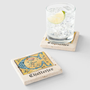 Porta-copo De Pedra Letra Floral Iluminada Medieval C Monograma