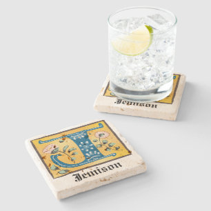 Porta-copo De Pedra Letra Floral Iluminada Medieval J Monograma