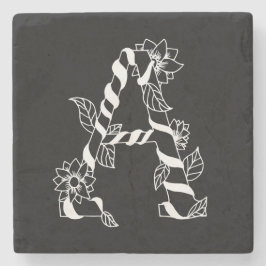 Porta-copo De Pedra Letra negra e branca "A" com flores geminadas