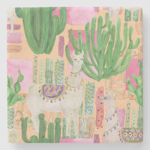 Porta-copo De Pedra Lhamas aquarelas, cactos: padrão sem costura.