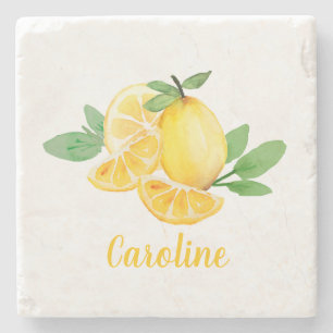 Porta-copo De Pedra Limão Fruta Estilosa Aquarela Nome Personalizado