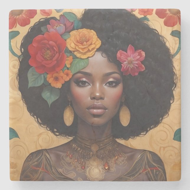 Porta-copo De Pedra Linda Mulher Afro-Americana Com Flores (Frente)