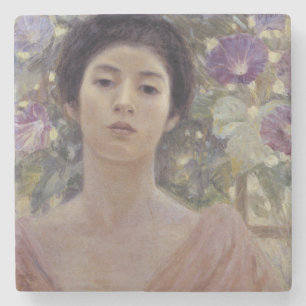 Porta-copo De Pedra Linda mulher asiática com flores de glória da manh