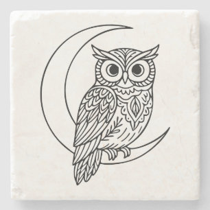 Porta-copo De Pedra Linha de Arte da Coruja Luna com Lua Crescente