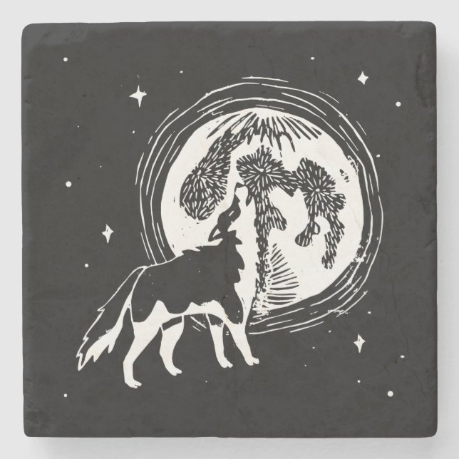 Porta-copo De Pedra Linocut da lua do Rouco preto e branco (Frente)