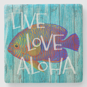 Porta-copo De Pedra Live Love Aloha Tropical Fish Beach Sinal